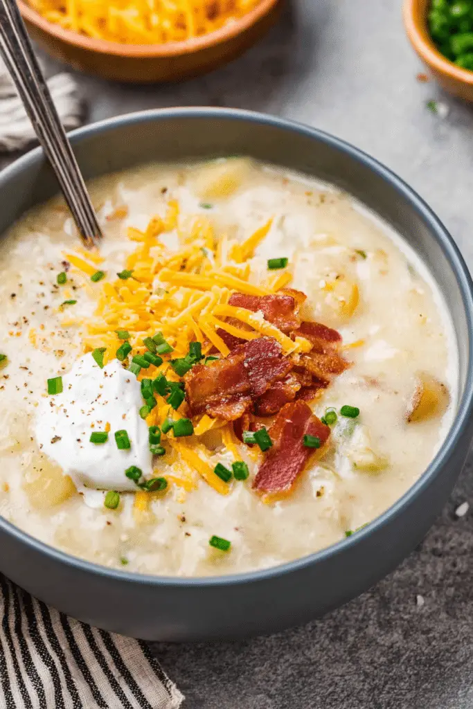 Creamy potato soup topped with green onions and bacon, ready to serve in a rustic bowl.