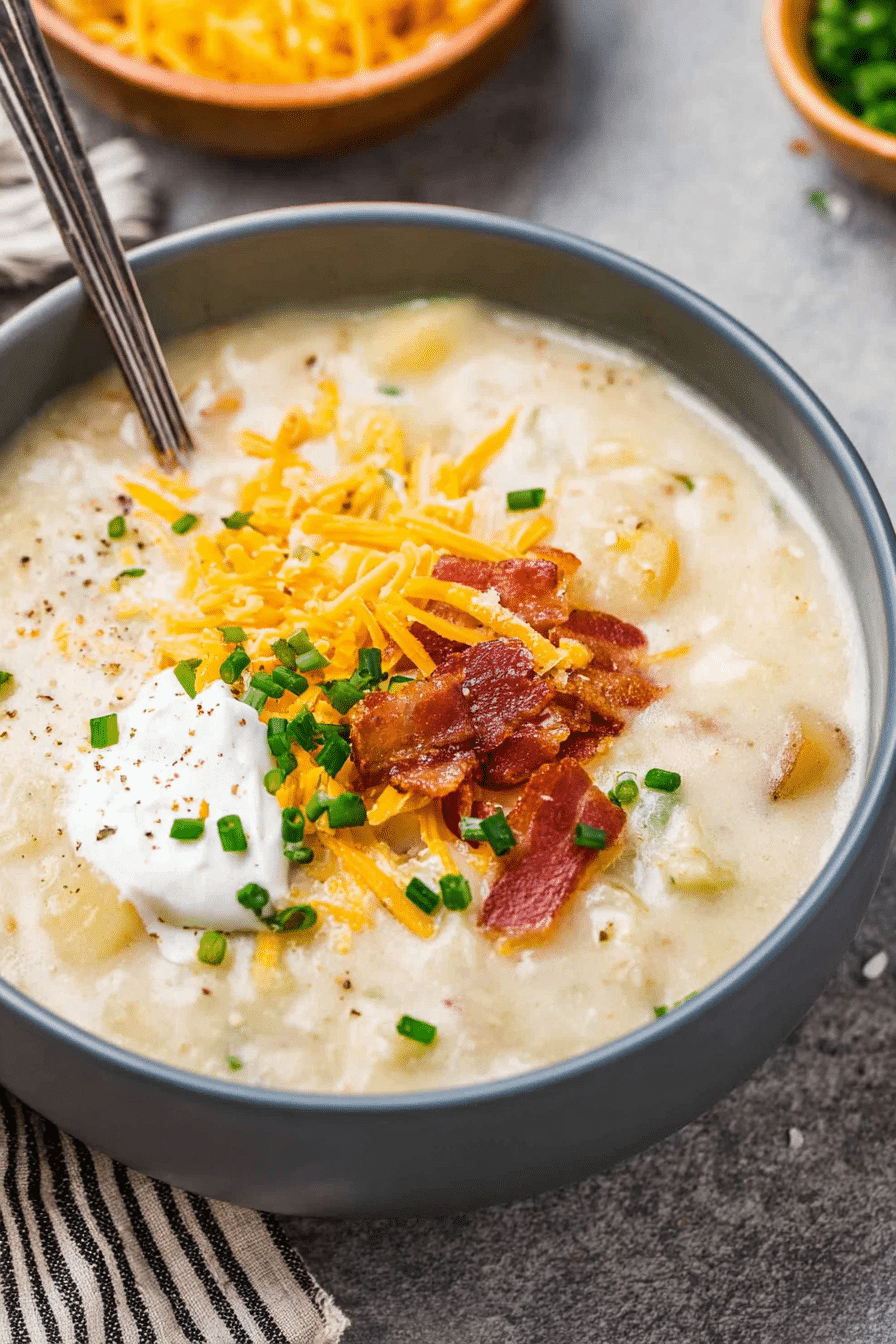 Creamy potato soup topped with green onions and bacon, ready to serve in a rustic bowl.