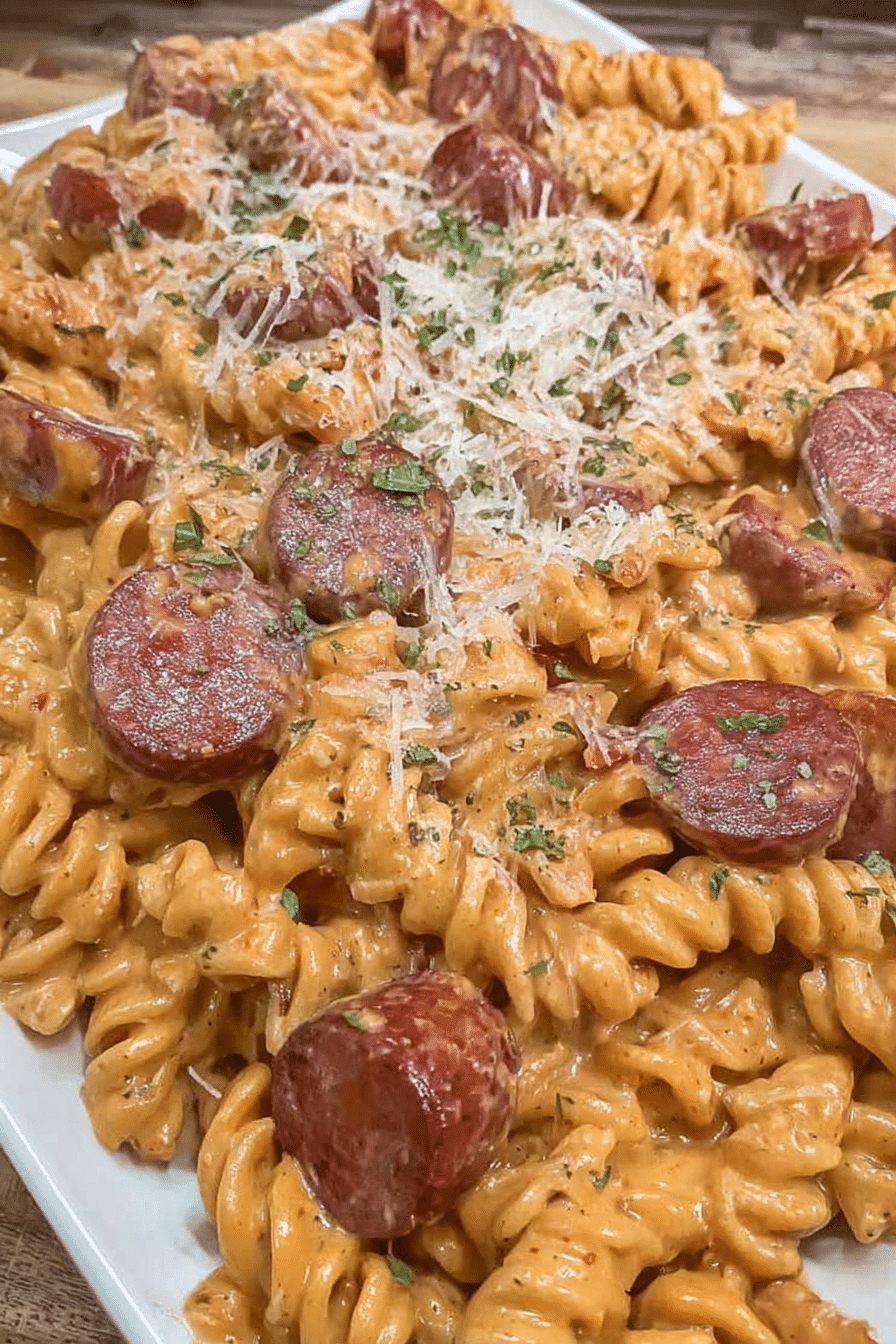 Creamy smoked sausage pasta garnished with parsley and Parmesan cheese in a rustic bowl.