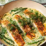 Creamy spring salmon garnished with fresh herbs and lemon serve on a plate with asparagus on the side.