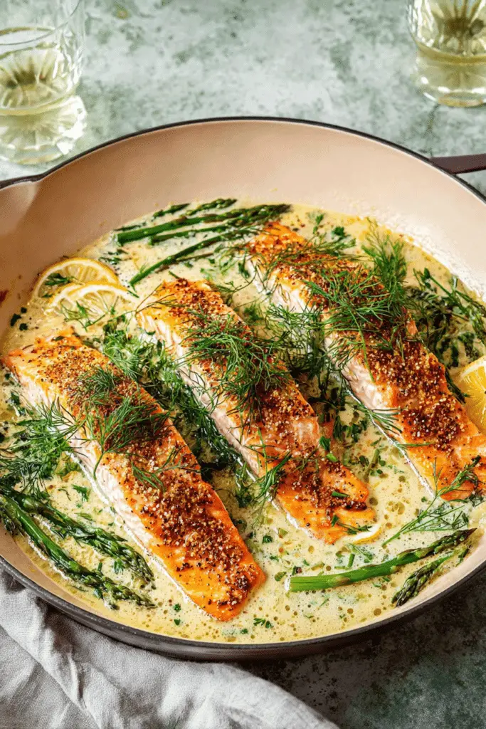 Creamy spring salmon garnished with fresh herbs and lemon serve on a plate with asparagus on the side.