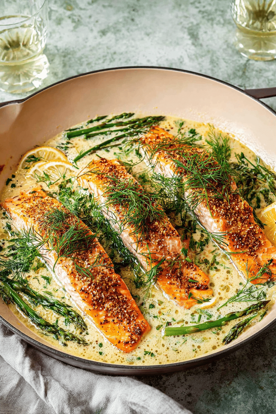 Creamy spring salmon garnished with fresh herbs and lemon serve on a plate with asparagus on the side.