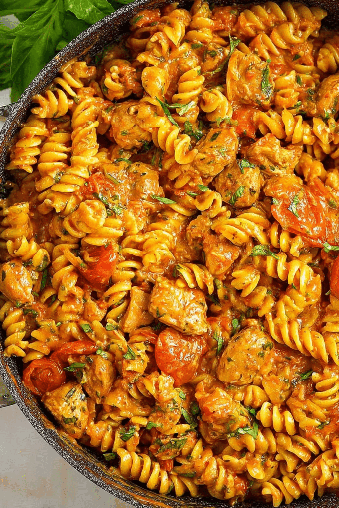 Creamy tomato chicken pasta served in a bowl, garnished with parsley and mozzarella, on a wooden table.