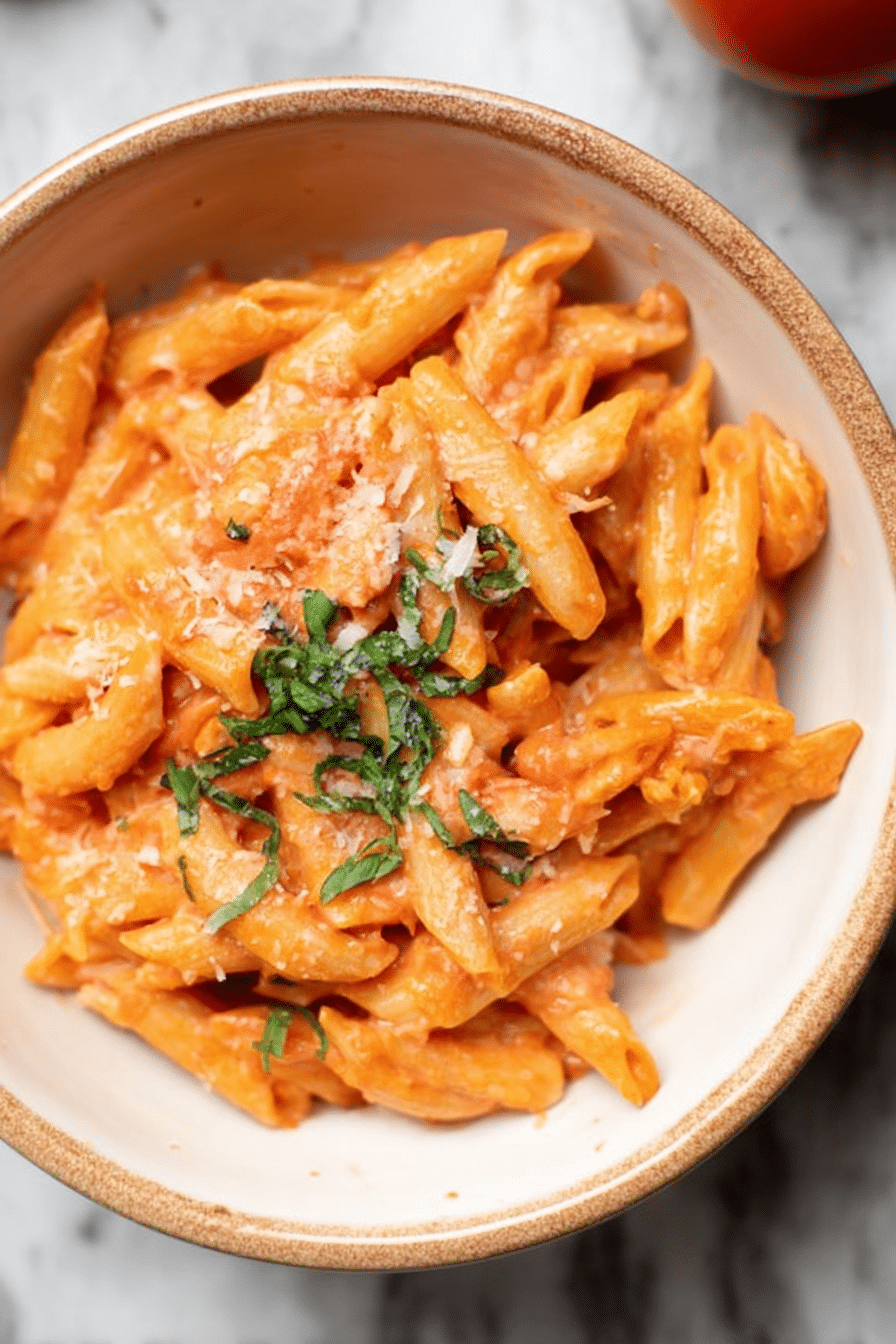 A colorful bowl of creamy tomato pasta garnished with parmesan cheese and basil on a wooden table.