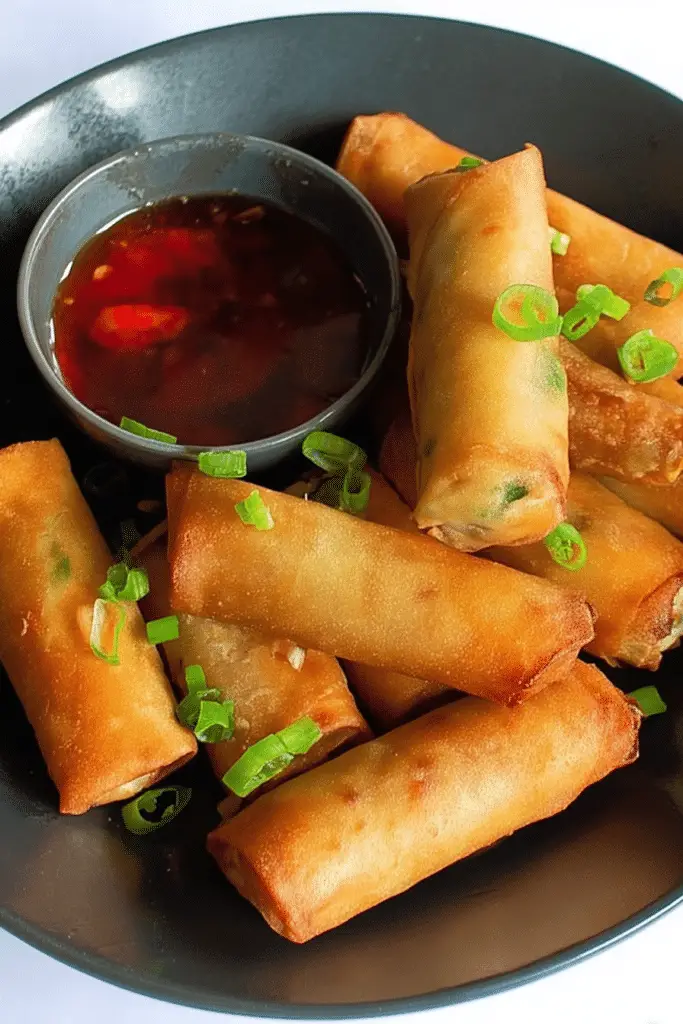 Crispy fried vegetable spring rolls with a side of dipping sauce on a wooden table.