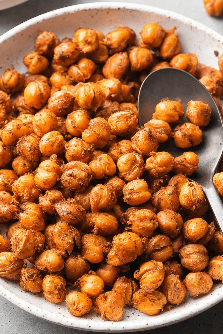 Close-up of crispy roasted chickpeas with spices in a rustic bowl.
