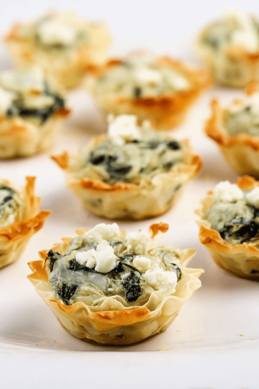 Close-up of crispy spinach artichoke bites on a platter, garnished with herbs.