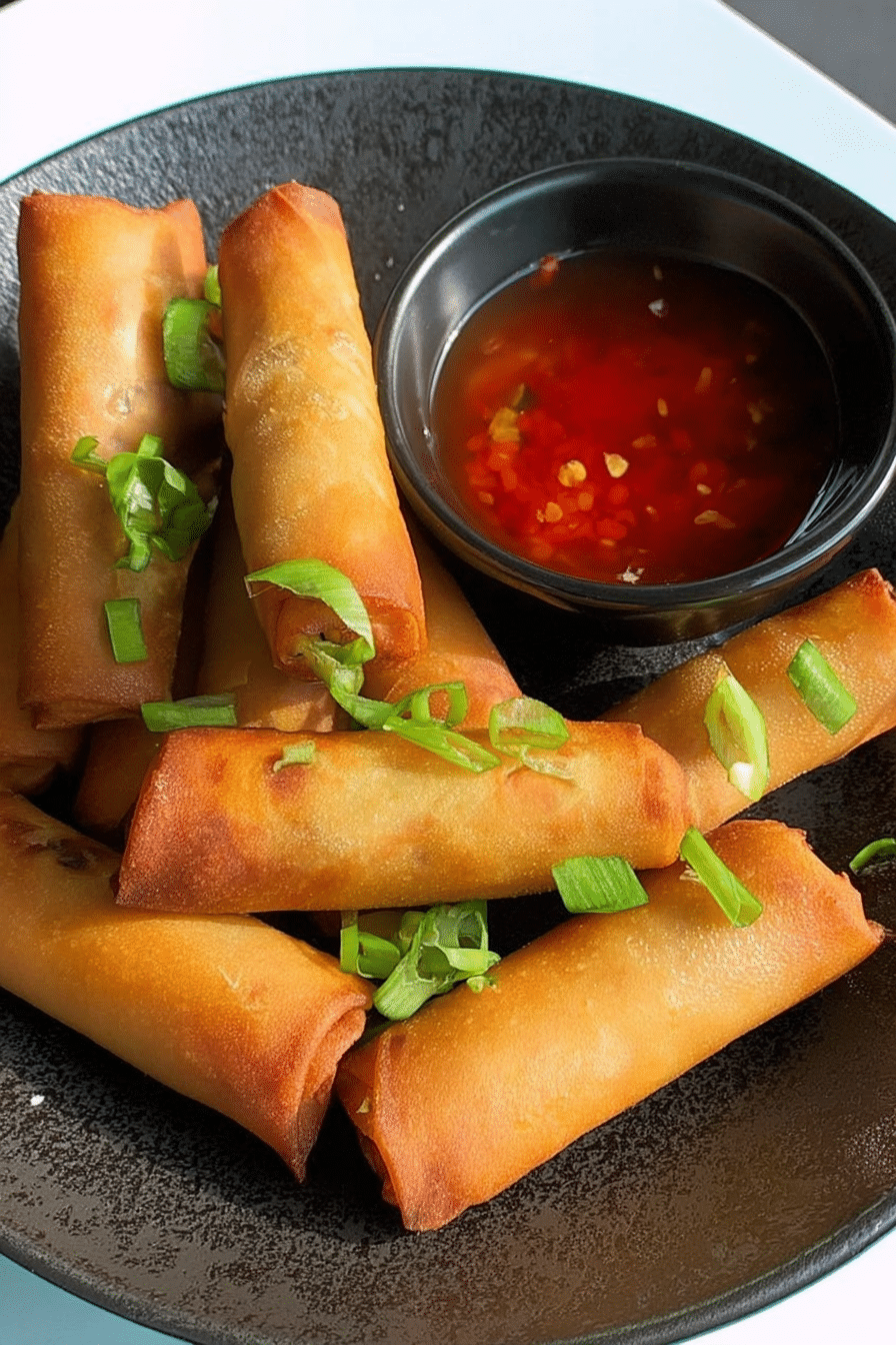 Crispy vegetable spring rolls served with a tangy dipping sauce on a white plate.