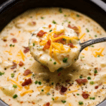 Comforting bowl of crock pot crack potato soup topped with green onions and bacon, ideal for family dinners.