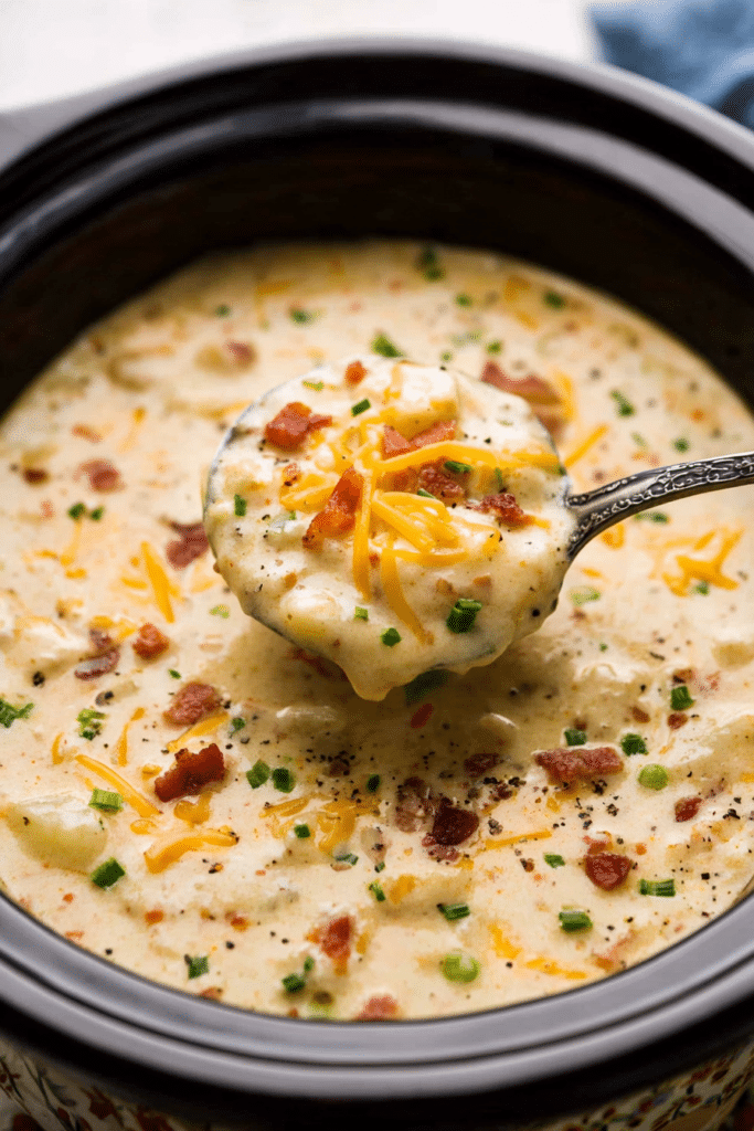 Comforting bowl of crock pot crack potato soup topped with green onions and bacon, ideal for family dinners.