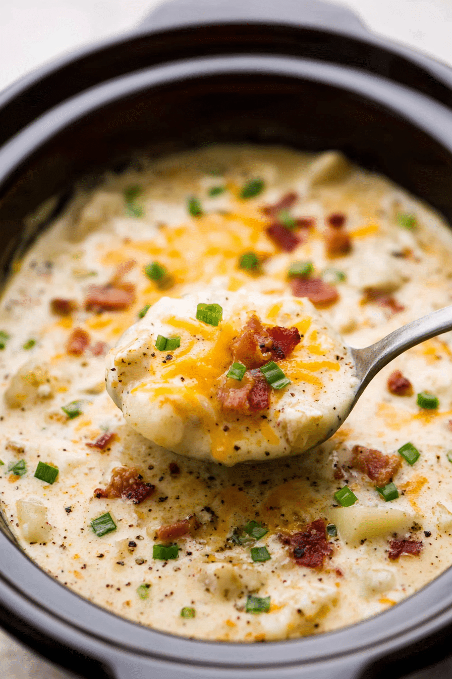 Delicious crock pot crack potato soup topped with crispy bacon and green onions, served in a rustic bowl.