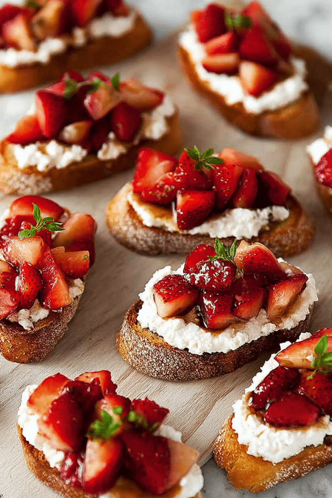 Close-up of crostini with balsamic strawberries and ricotta on a wooden board, garnished with fresh strawberries and basil.