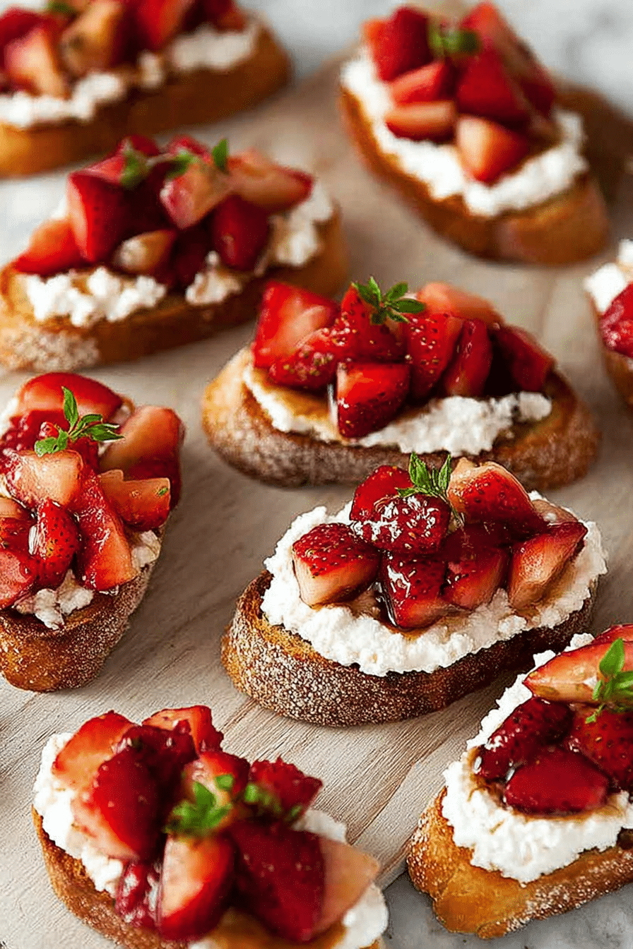Close-up of crostini with balsamic strawberries and ricotta on a wooden board, garnished with fresh strawberries and basil.