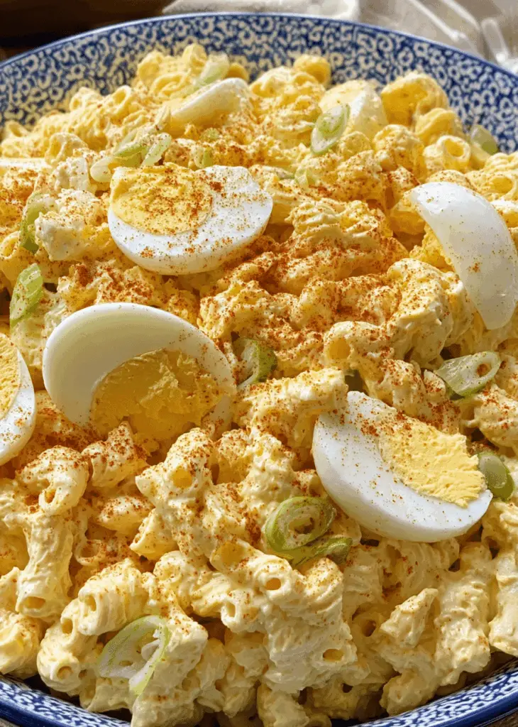 Delicious deviled egg macaroni salad in a bowl, garnished with paprika and herbs, perfect for summer gatherings.