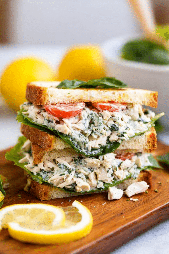 Bowl of easy lemon basil chicken salad with fresh herbs and crackers