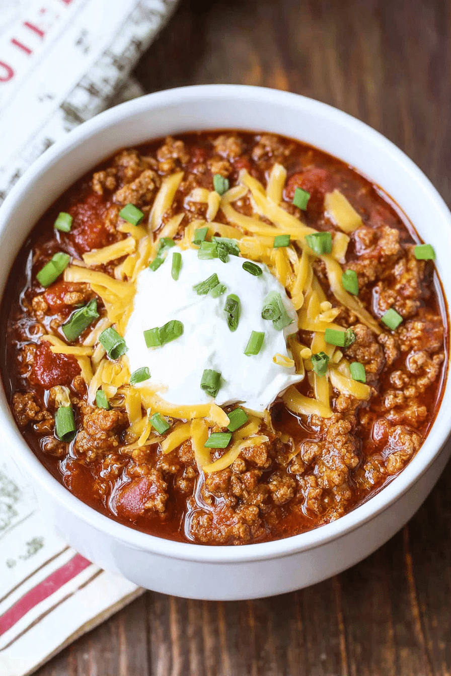 Bowl of easy no bean chili with toppings of diced onions and cheese on a wooden table