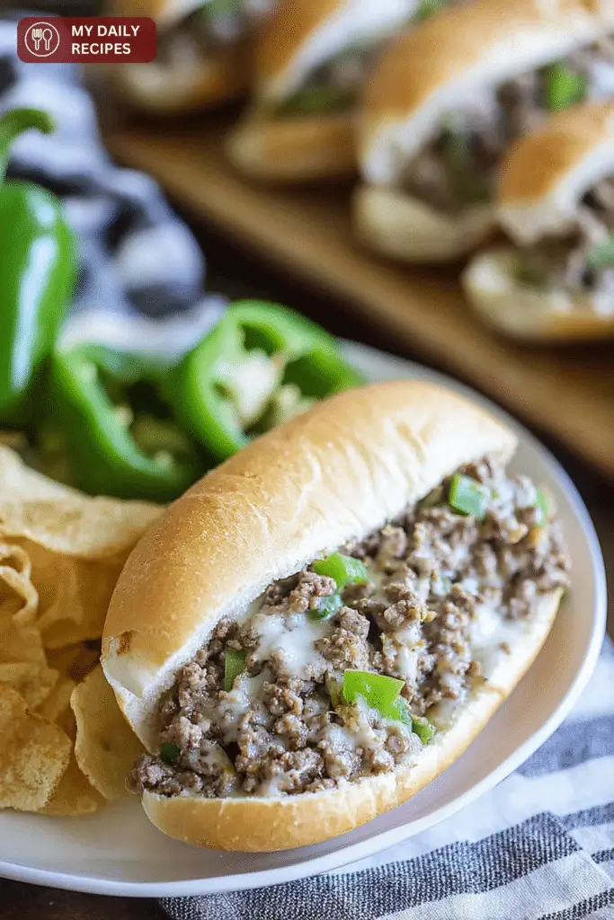 Close-up of a Philly cheesesteak sandwich made with ground beef, provolone cheese, and bell peppers in a fresh sub roll.