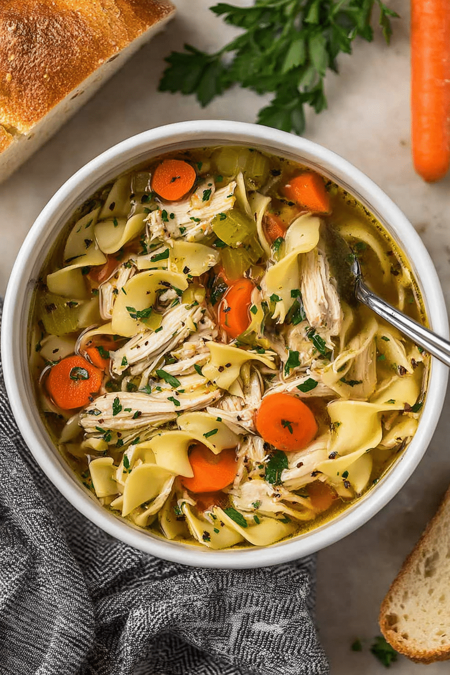 Bowl of easy rotisserie chicken noodle soup with vegetables, herbs, and noodles.
