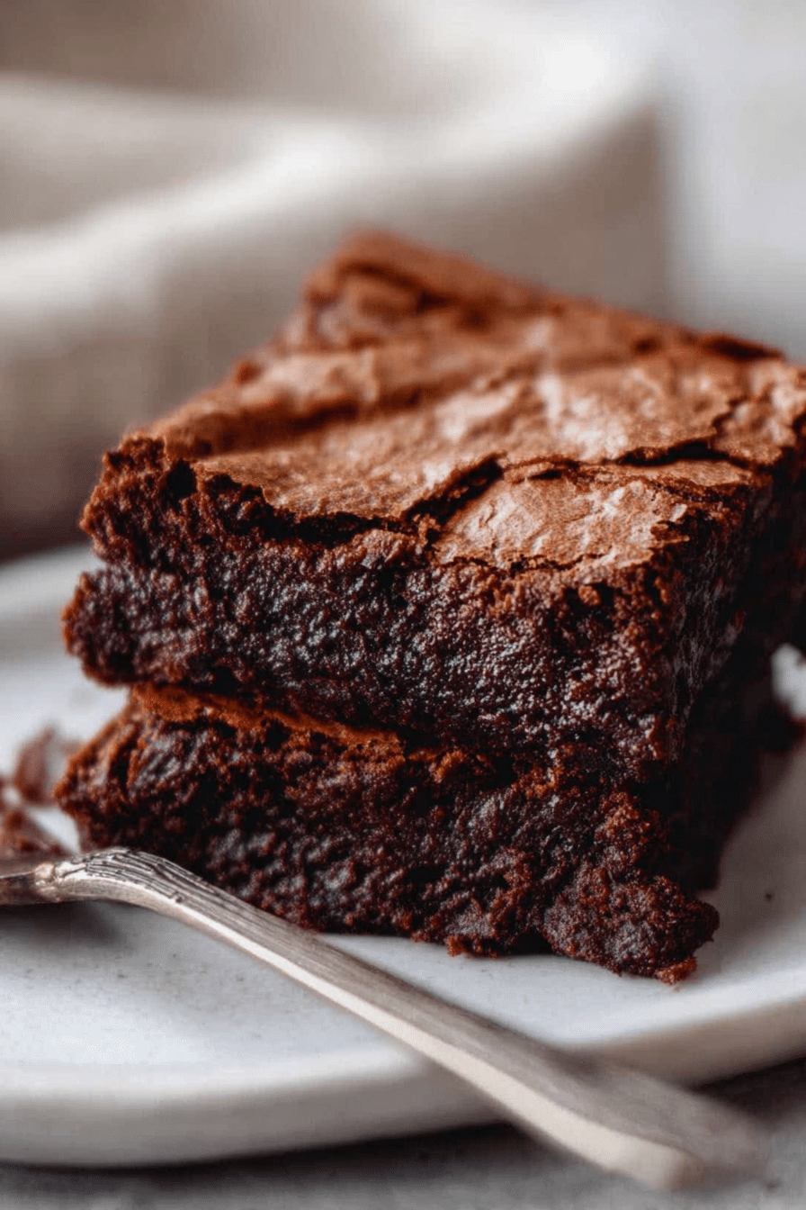 Delicious easy sourdough discard brownies served with vanilla ice cream on a decorative plate.