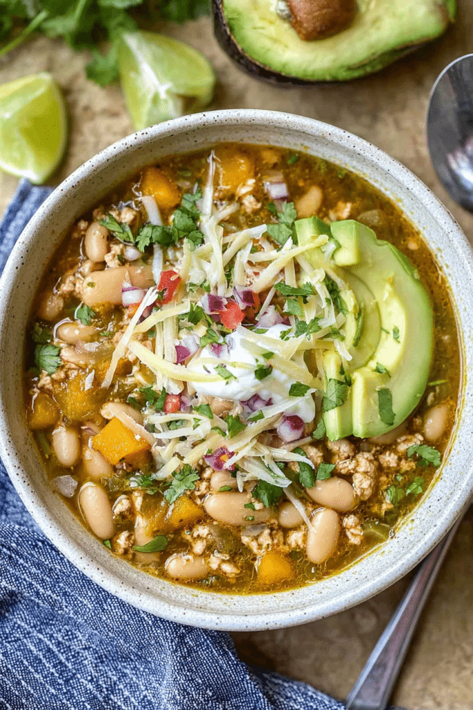 Bowl of easy white bean turkey chili verde with avocado, cheese, and cilantro garnished.