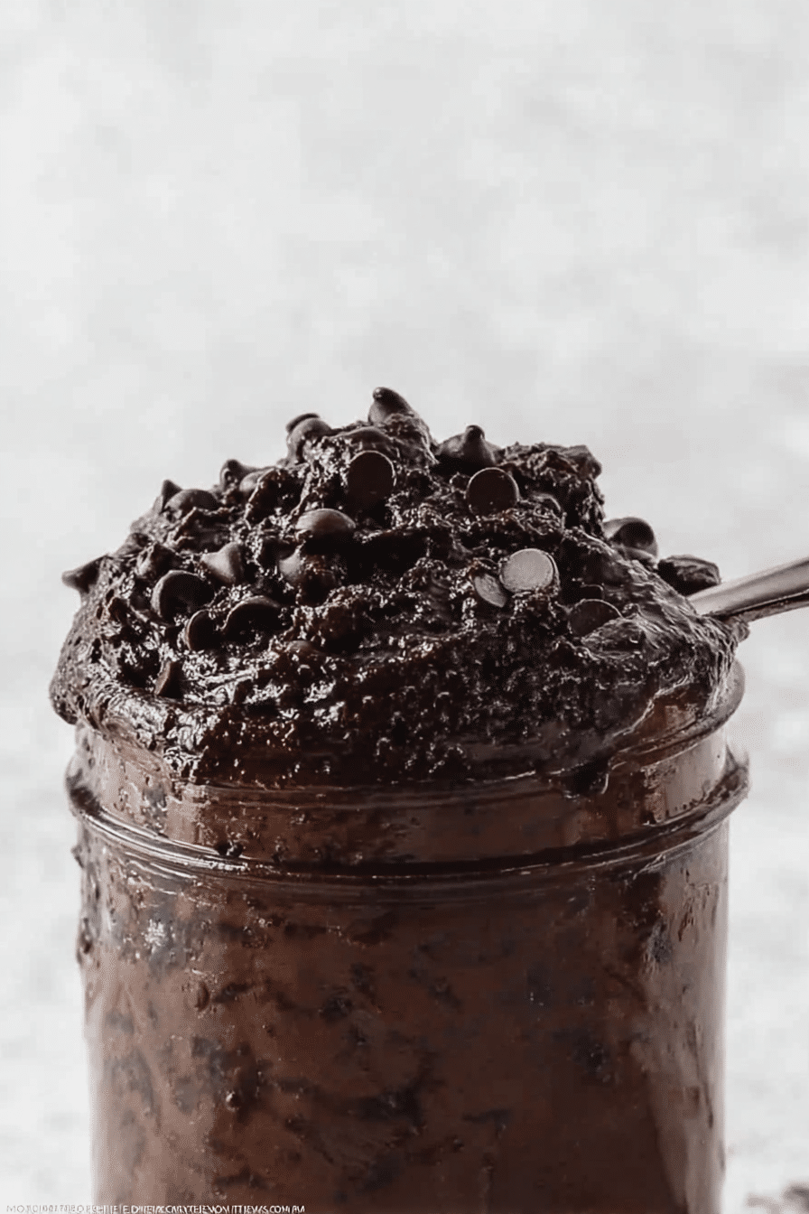 Close-up of creamy edible brownie batter in a bowl with chocolate chips and a wooden spoon.