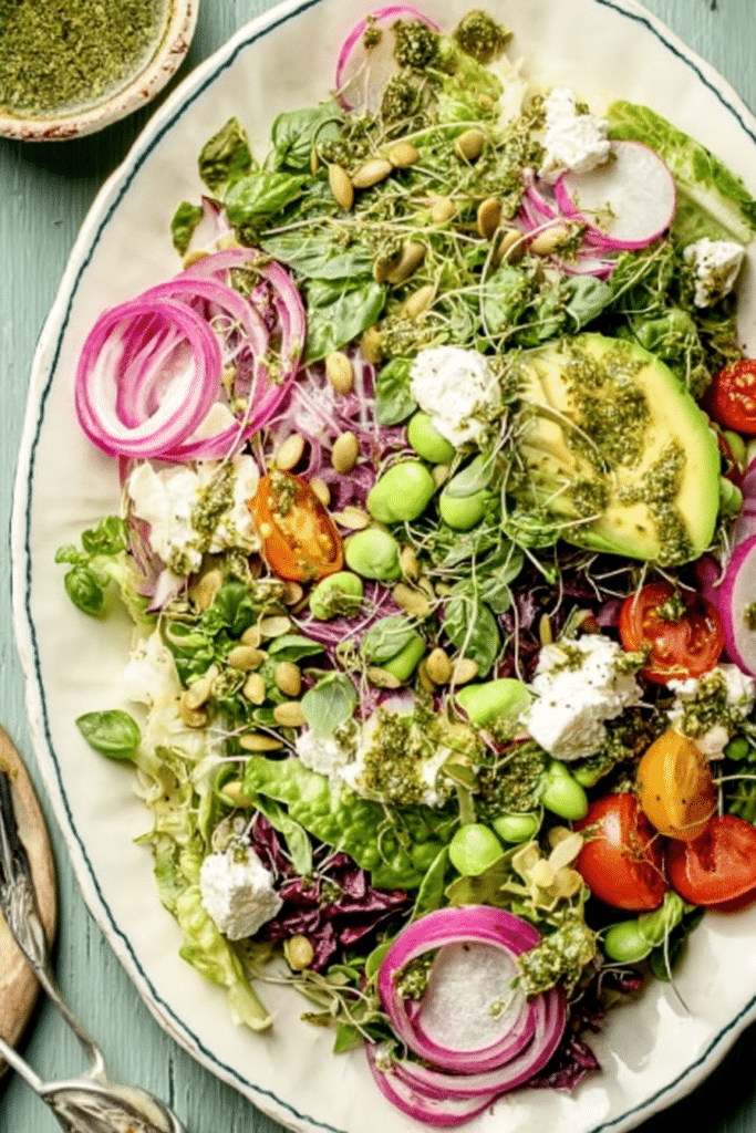 Vibrant Everything Spring Green Salad with colorful cherry tomatoes, cucumbers, and a drizzle of lemon basil vinaigrette on a wooden table.