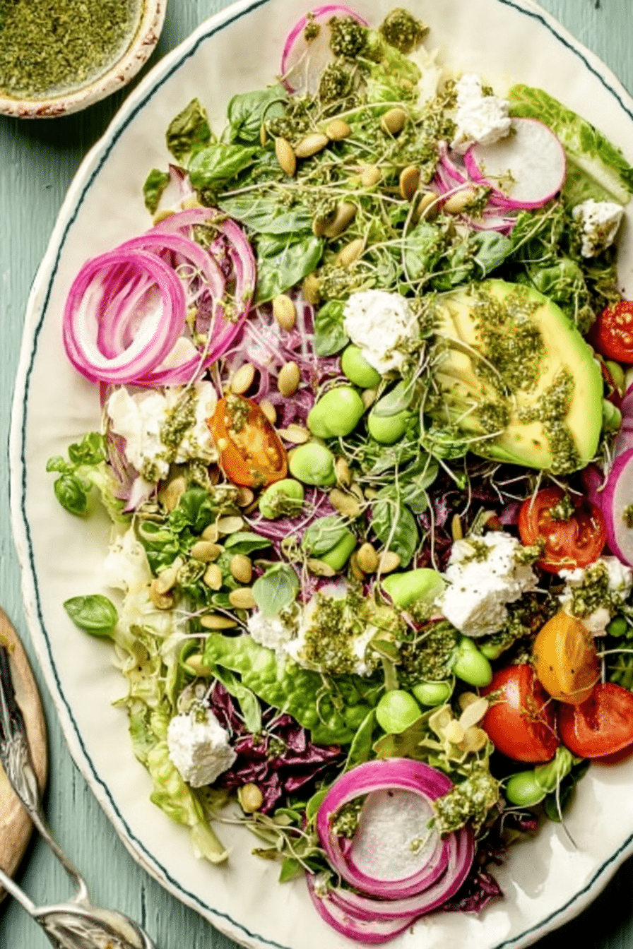 Vibrant Everything Spring Green Salad with colorful cherry tomatoes, cucumbers, and a drizzle of lemon basil vinaigrette on a wooden table.
