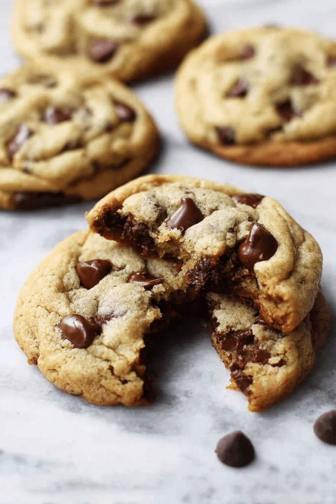 Close-up of freshly baked chocolate chip cookies with melted chocolate chips on a wooden table.