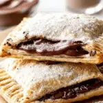 Freshly baked Nutella pop tarts drizzled with glaze on a rustic wooden table.
