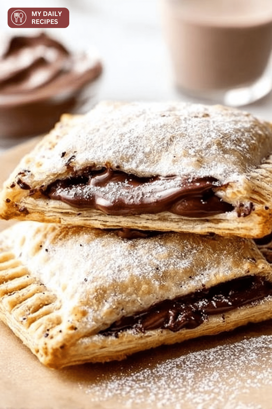 Freshly baked Nutella pop tarts drizzled with glaze on a rustic wooden table.