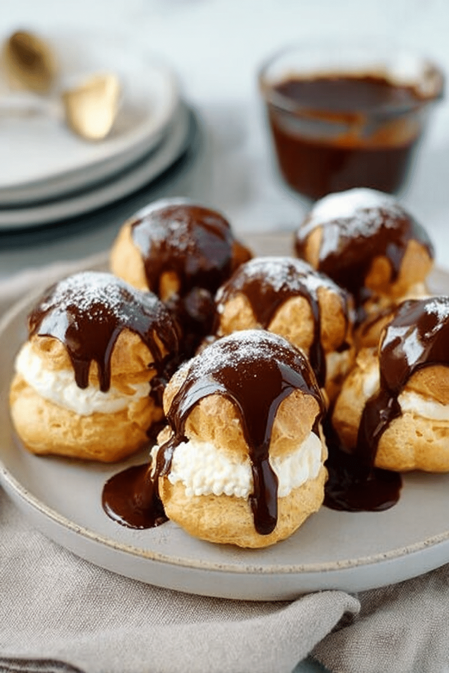 Freshly baked profiteroles drizzled with chocolate sauce on a plate.