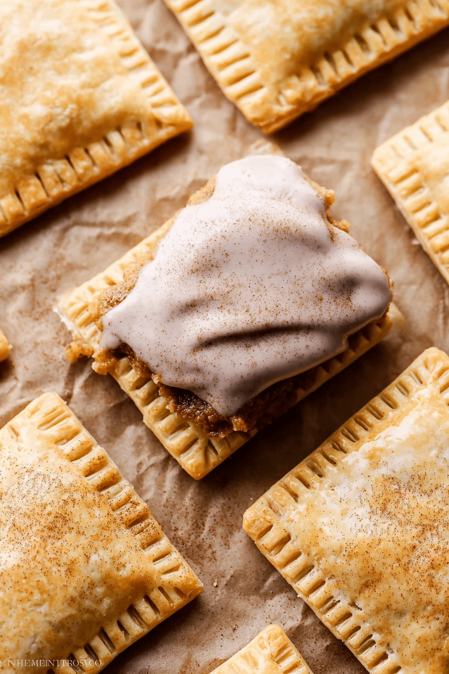 Close-up of homemade frosted brown sugar cinnamon pop tarts with icing and decorative elements like cinnamon sticks and brown sugar.