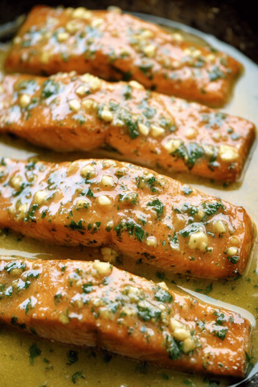 Delicious garlic butter salmon garnished with fresh parsley and lemon wedges on a wooden table.