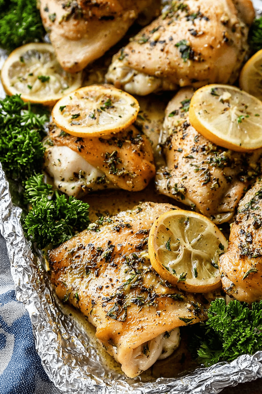 Garlic lemon chicken served with roasted potatoes and broccoli, garnished with lemon and parsley.