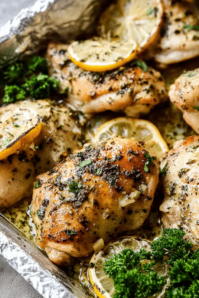 Garlic lemon chicken served with baby potatoes and broccoli on a rustic table.