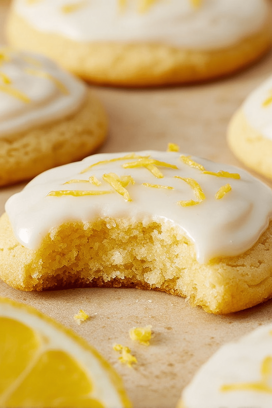 Close-up of glazed lemon cookies with lemon glaze and lemon zest garnish on a decorative plate.