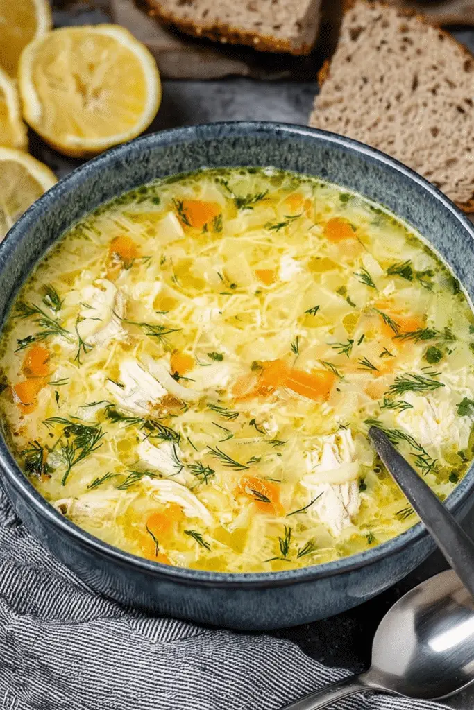Delicious Greek lemon chicken soup with orzo, garnished with fresh dill and lemon slices.