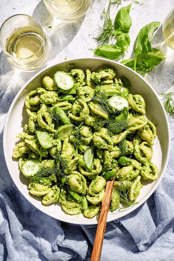 A colorful serving of green goddess pasta salad with fresh herbs, asparagus, and peas in a bowl.