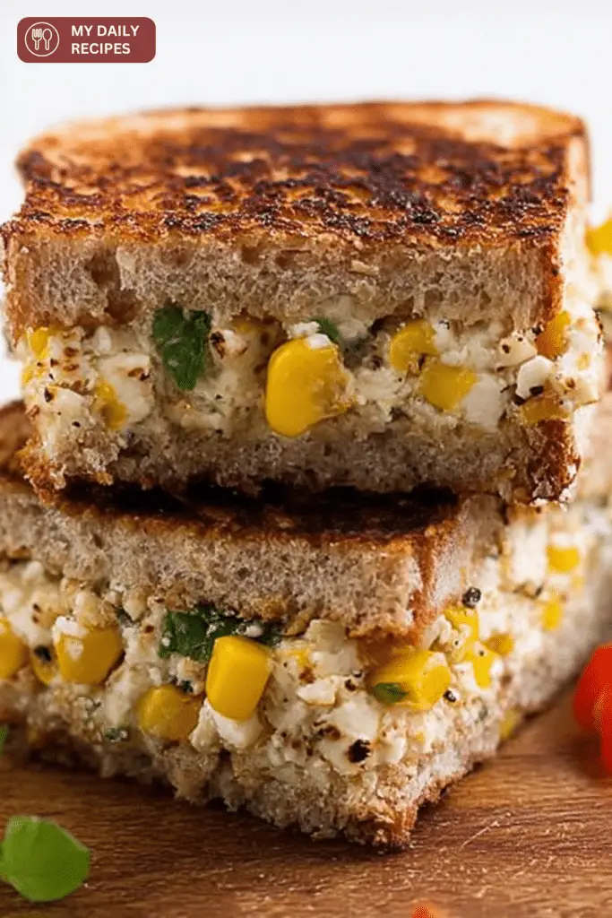 Close-up of a grilled cheese paneer sandwich with melted cheese and sweet corn filling, garnished with coriander.