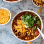 Colorful ground turkey taco soup topped with cheese and cilantro served with tortilla chips.