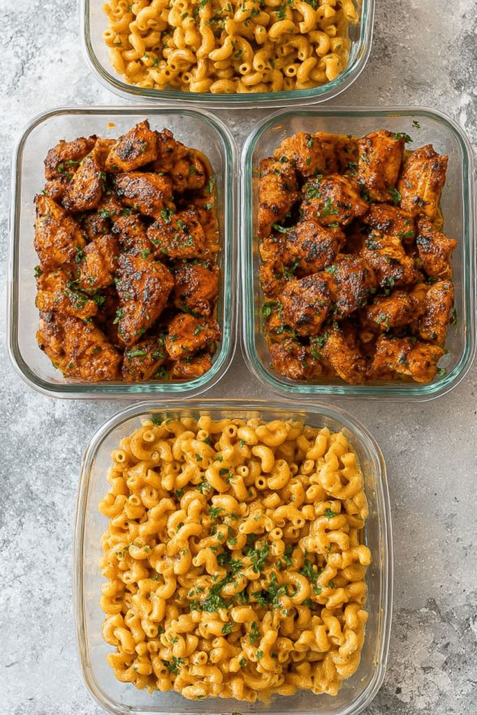 High-protein honey garlic butter chicken served with creamy mac and cheese, garnished with fresh parsley.