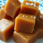 Delicious homemade caramels on a wooden board with lightly drizzled caramel sauce.