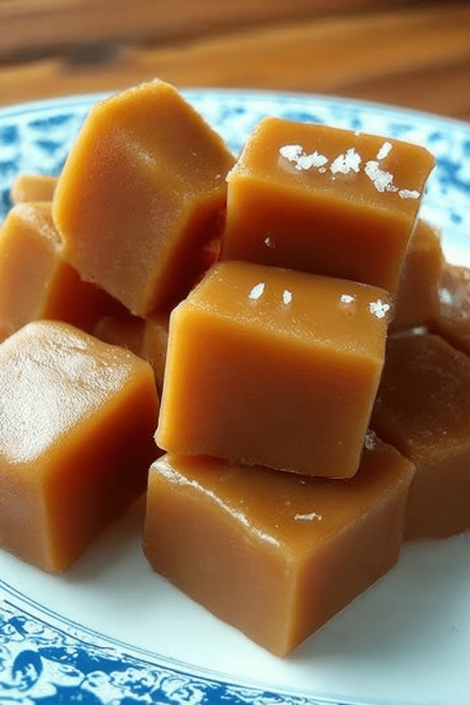 Delicious homemade caramels on a wooden board with lightly drizzled caramel sauce.