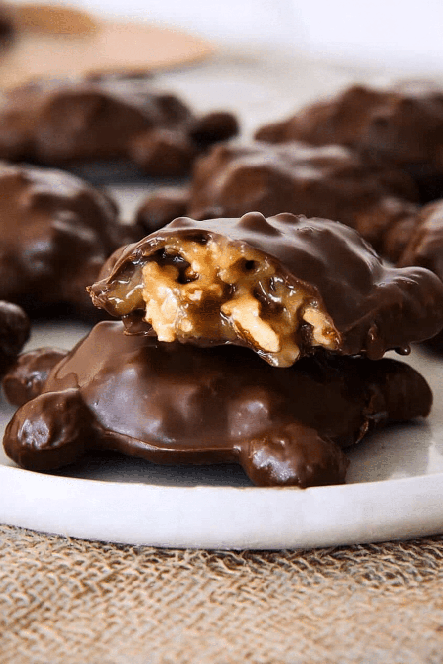 Delicious homemade chocolate turtles on a white plate, topped with crunchy pecans, perfect for dessert or holiday treats.
