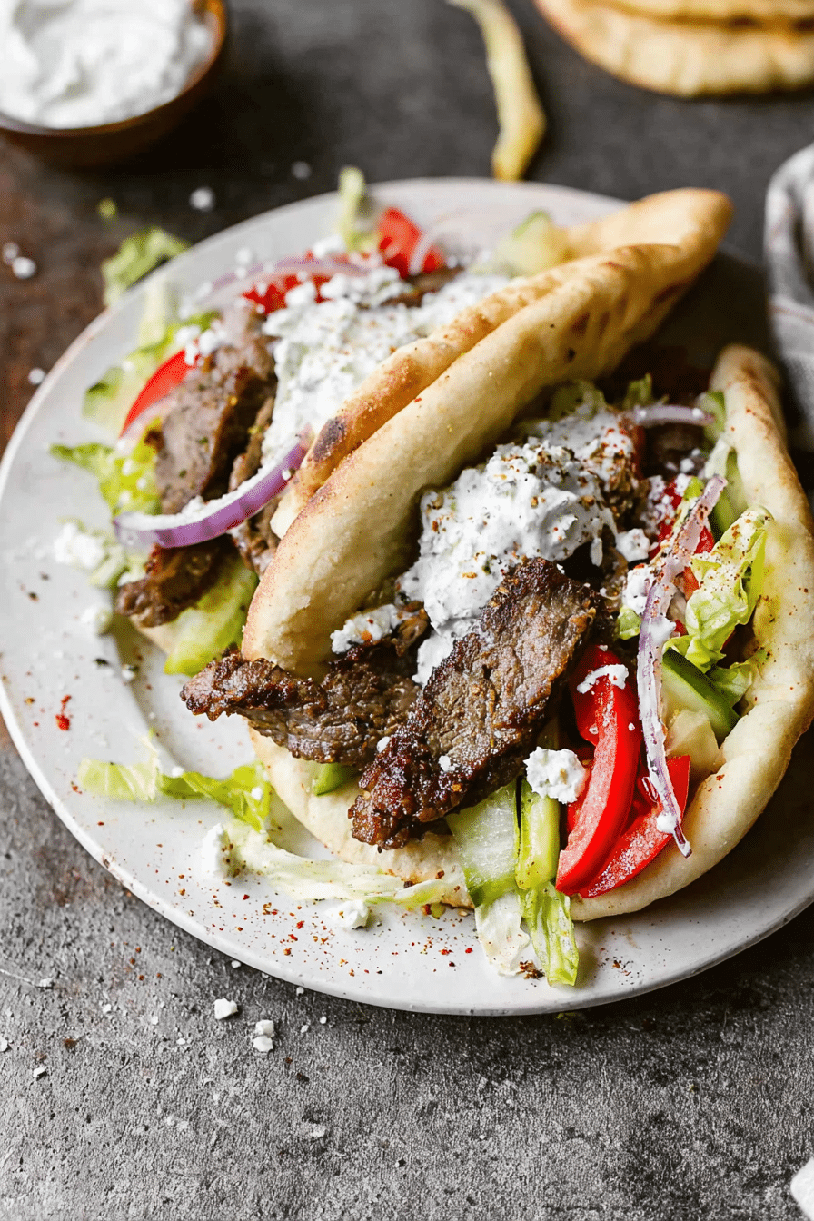 Delicious homemade gyros wrapped in pita with lamb meat, fresh vegetables, and tzatziki sauce.