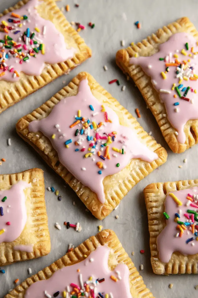 Freshly baked homemade pop tart filled with strawberry jam and colorful sprinkles on wooden table