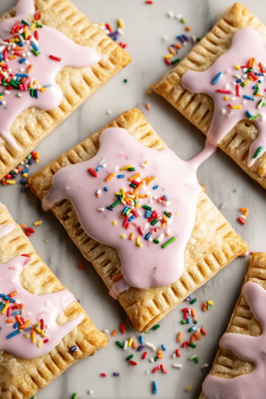 Close-up of homemade pop tarts with colorful icing and sprinkles on a wooden table.