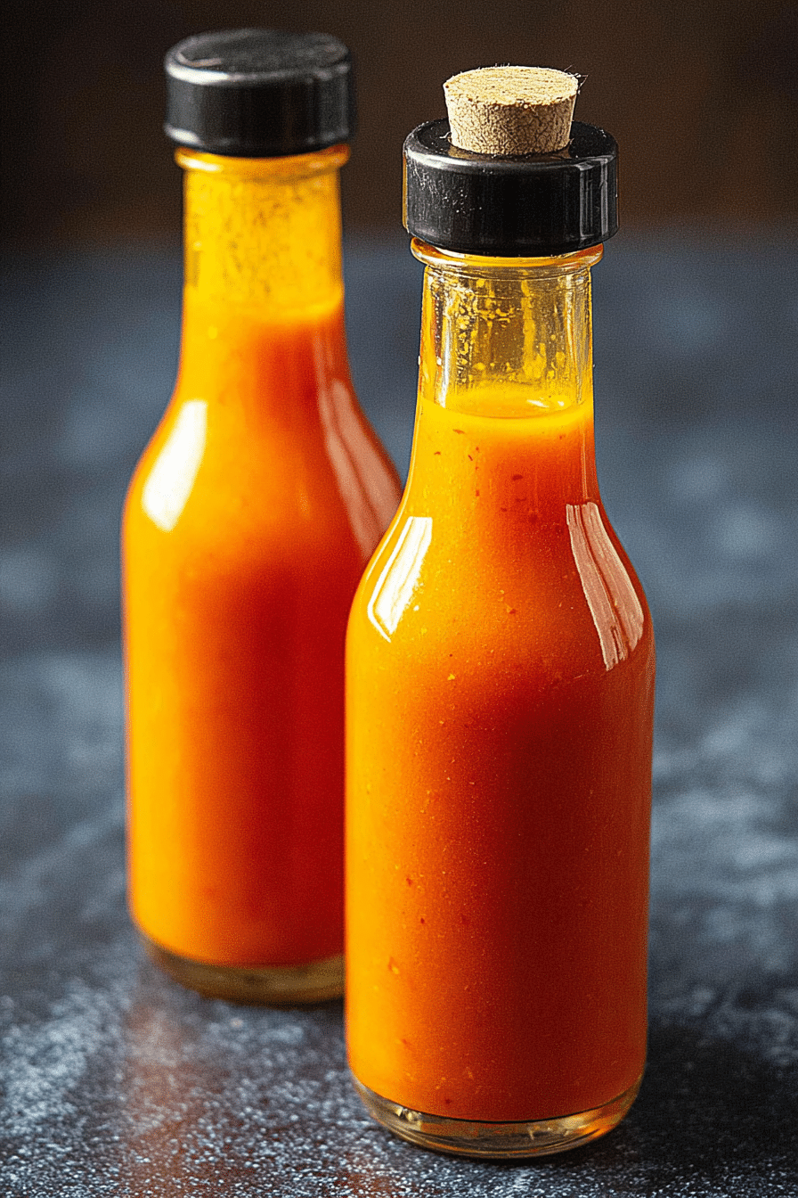 Homemade Tabasco sauce in a glass bottle with fresh peppers and salt on a wooden counter.