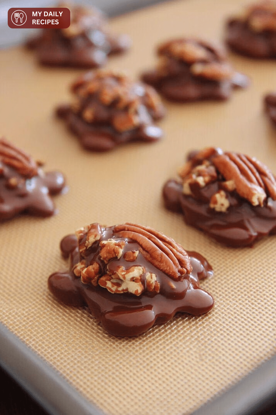 Delicious homemade turtles candy with caramel and chocolate, garnished with pecans on a white plate.
