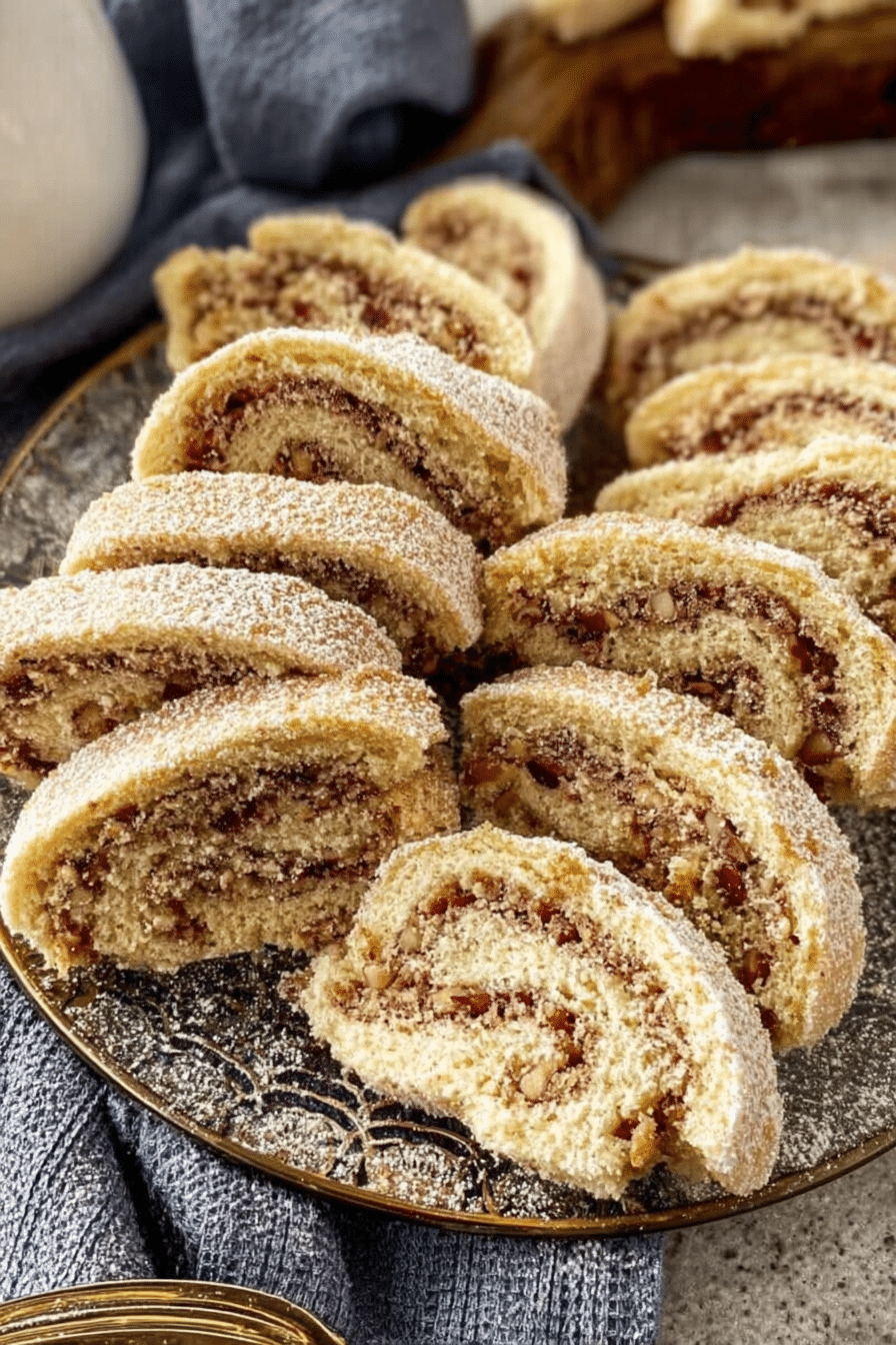 Italian nut roll cookies on a plate with powdered sugar and a coffee cup in the background.